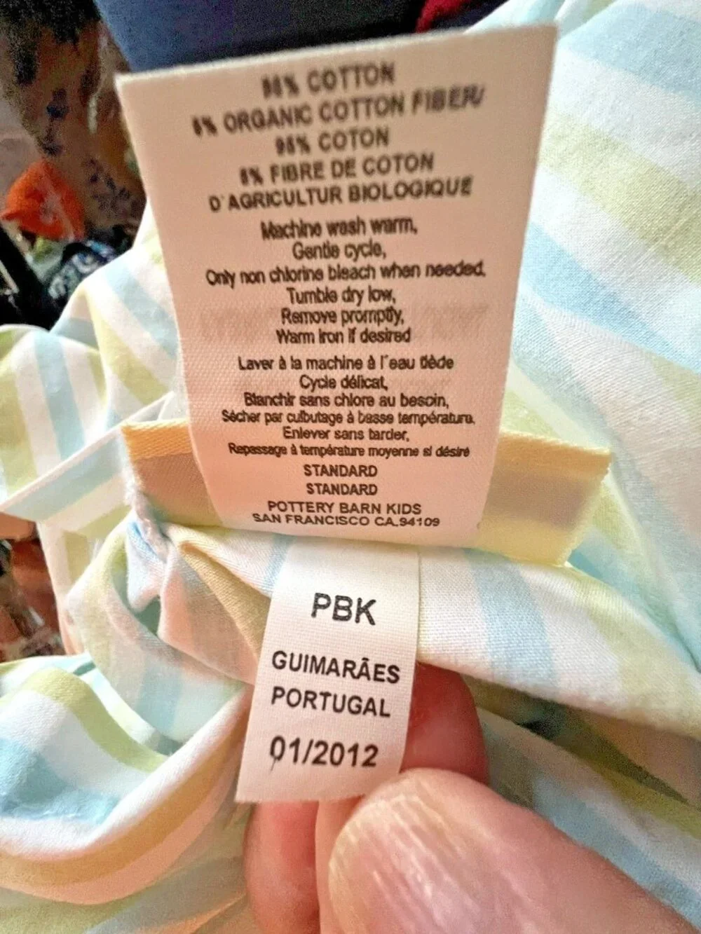POTTERY BARN KIDS Twin Sheet Set 3 Pc Green Blue Stripe Organic Cotton Portugal